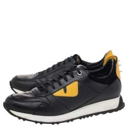 Fendi Black/Yellow Leather and Suede Bag Bugs Low Top Sneakers Size 42