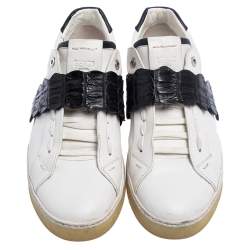Fendi White/Brown  Leather And Croc Strap Low Top Sneakers Size 40