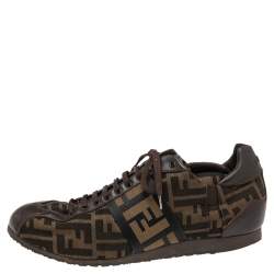 Fendi Tobacco Zucca Canvas And Leather Logo Lace Up Sneakers Size 42.5