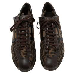 Fendi Tobacco Zucca Canvas And Leather Logo Lace Up Sneakers Size 42.5