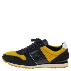 Fendi Black/Yellow Leather And Tweed FF Logo Band Lace up Sneakers Size 41.5