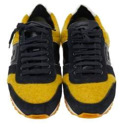 Fendi Black/Yellow Leather And Tweed FF Logo Band Lace up Sneakers Size 41.5