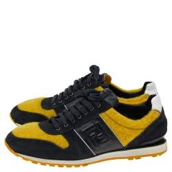 Fendi Black/Yellow Leather And Tweed FF Logo Band Lace up Sneakers Size 41.5