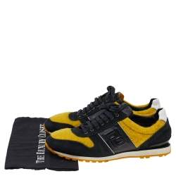 Fendi Black/Yellow Leather And Tweed FF Logo Band Lace up Sneakers Size 41.5