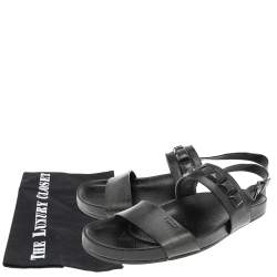 Pre Owned Fendi Black Leather Logo Flat Sandals Size 41