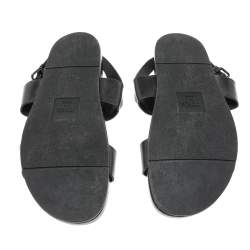 Pre Owned Fendi Black Leather Logo Flat Sandals Size 41