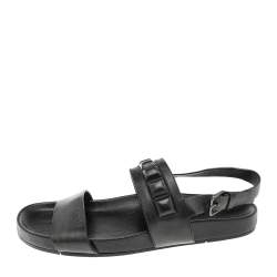 Pre Owned Fendi Black Leather Logo Flat Sandals Size 41