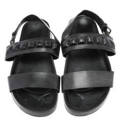 Pre Owned Fendi Black Leather Logo Flat Sandals Size 41