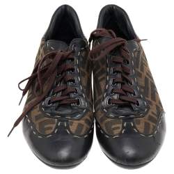 Fendi Brown Zucca Canvas And Leather Trim Low Top Sneakers Size 40.5