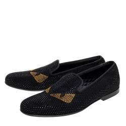 Fendi Black Crystals Embellished Suede Monster Smoking Slippers Size 43