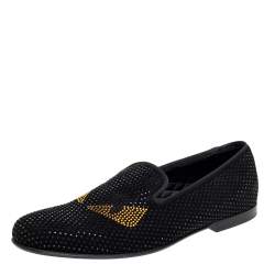 Fendi Black Crystals Embellished Suede Monster Smoking Slippers Size 43