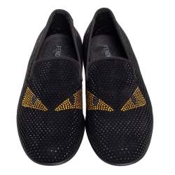 Fendi Black Crystals Embellished Suede Monster Smoking Slippers Size 43
