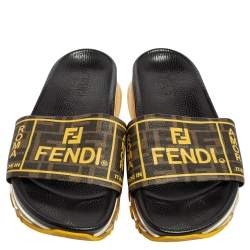 Pre Owned Fendi Brown Canvas Logo Print Slide Sandals Size 43