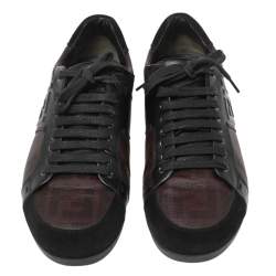 Fendi Black/Burgundy Zucca Canvas and Leather Low Top Sneakers Size 41.5