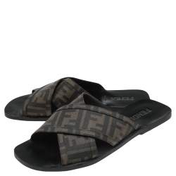 Fendi Brown Zucca Canvas Crisscross Slide Sandals Size 41