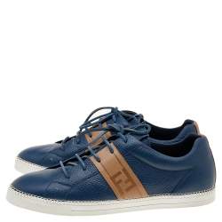Fendi Blue/Brown Leather FF Logo Band Low Top Sneakers Size 44