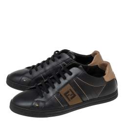 Fendi Black/Brown Leather FF Embroidered  Low Top Sneakers 44