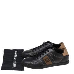 Fendi Black/Brown Leather FF Embroidered  Low Top Sneakers 44