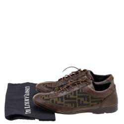 Fendi Brown Leather And Zucca Canvas Low Top Sneakers Size 42.5