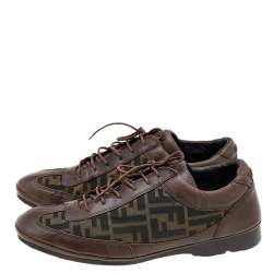 Fendi Brown Leather And Zucca Canvas Low Top Sneakers Size 42.5