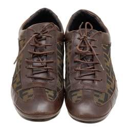 Fendi Brown Leather And Zucca Canvas Low Top Sneakers Size 42.5