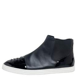 Fendi Black Leather And Patent Cap Toe  Lace Up High Top Sneakers Size 42