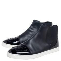 Fendi Black Leather And Patent Cap Toe  Lace Up High Top Sneakers Size 42