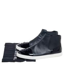 Fendi Black Leather And Patent Cap Toe  Lace Up High Top Sneakers Size 42
