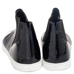 Fendi Black Leather And Patent Cap Toe  Lace Up High Top Sneakers Size 42