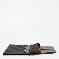 Pre Owned Fendi Tobacco Zucca Canvas And Leather Flat Slide Sandals Size 40
