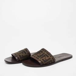 Pre Owned Fendi Tobacco Zucca Canvas And Leather Flat Slide Sandals Size 40