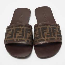 Pre Owned Fendi Tobacco Zucca Canvas And Leather Flat Slide Sandals Size 40