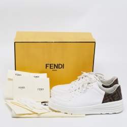 Fendi White/Brown Zucca Coated Canvas And Leather Low Top Sneakers Size 42