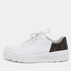Fendi White/Brown Zucca Coated Canvas And Leather Low Top Sneakers Size 42
