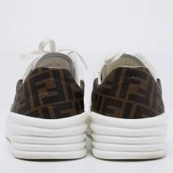 Fendi White/Brown Zucca Coated Canvas And Leather Low Top Sneakers Size 42
