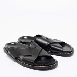 Pre Owned Fendi Black Leather Criss Cross Slide Sandals Size 43.5