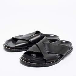 Pre Owned Fendi Black Leather Criss Cross Slide Sandals Size 43.5