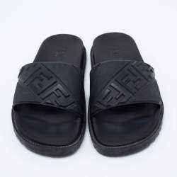 Fendi Black Rubber Embossed FF Logo Slides Size 43