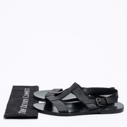 Pre Owned Fendi Black Leather/Canvas Logo Flat Sandals Size 41.5