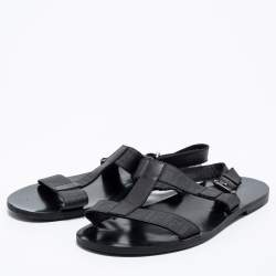 Pre Owned Fendi Black Leather/Canvas Logo Flat Sandals Size 41.5