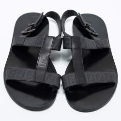 Pre Owned Fendi Black Leather/Canvas Logo Flat Sandals Size 41.5