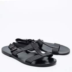 Pre Owned Fendi Black Leather/Canvas Logo Flat Sandals Size 41.5