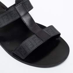 Pre Owned Fendi Black Leather/Canvas Logo Flat Sandals Size 41.5