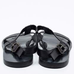 Pre Owned Fendi Black Leather/Canvas Logo Flat Sandals Size 41.5