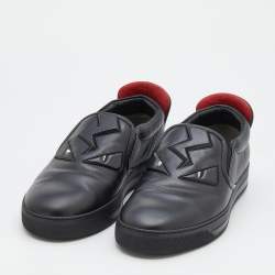 Pre Owned Fendi Black Leather Monster 3D Eyes Slip On Sneakers Size 44