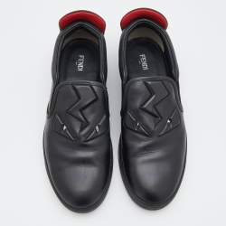 Pre Owned Fendi Black Leather Monster 3D Eyes Slip On Sneakers Size 44