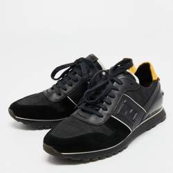 Fendi Black/Yellow Leather, Suede and Printed Fabric Low Top Sneakers Size 42.5