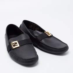 Pre Owned Fendi Black Leather FF Slip On Loafers Size 43 