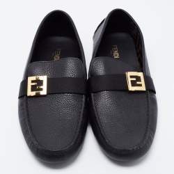 Pre Owned Fendi Black Leather FF Slip On Loafers Size 43 