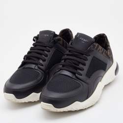 Fendi Black/Brown Leather and Zucca Fabric Low Top Sneakers Size 42